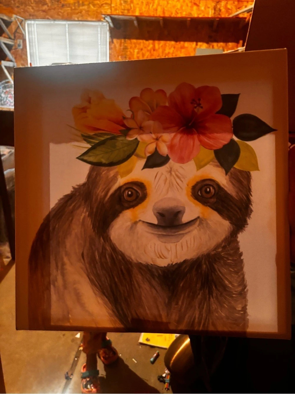 Sloth Floral Framed Painting in Orange & Brown
